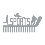 A laser-cut steel wall art piece featuring silhouettes of a soccer player, a volleyball player, and a hockey player. The word 'SPORTS' is prominently displayed. The design is sleek with a raw steel finish, set against a black background, highlighting the intricate cutouts.